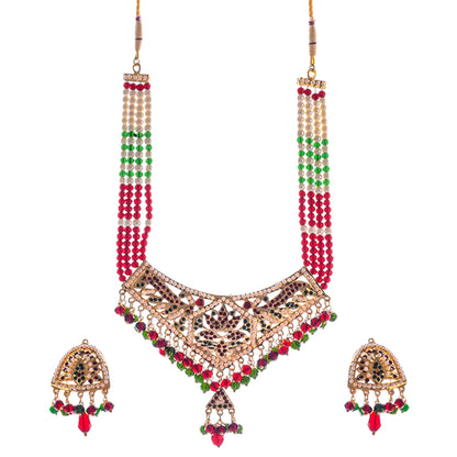 Gold-Polished Alloy Traditional Ethnic Beaded Jadau Necklace Set - The Pari