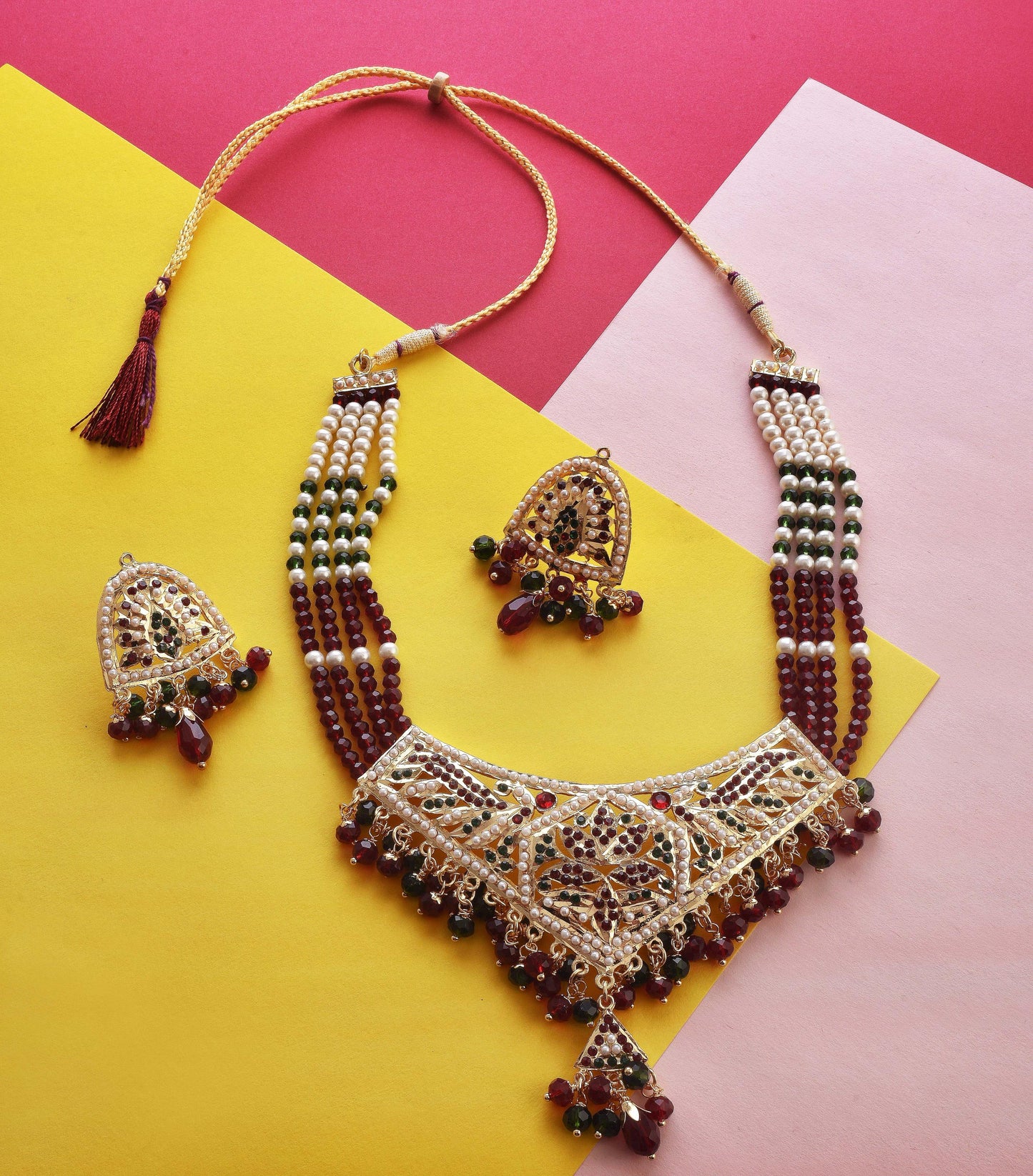 Gold-Polished Alloy Traditional Ethnic Beaded Jadau Necklace Set - The Pari