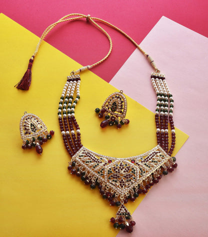 Gold-Polished Alloy Traditional Ethnic Beaded Jadau Necklace Set - The Pari