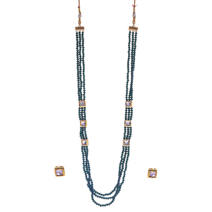 Gold-Polished Alloy Long Green Beaded Kundan Studded Classy Necklace Set - The Pari