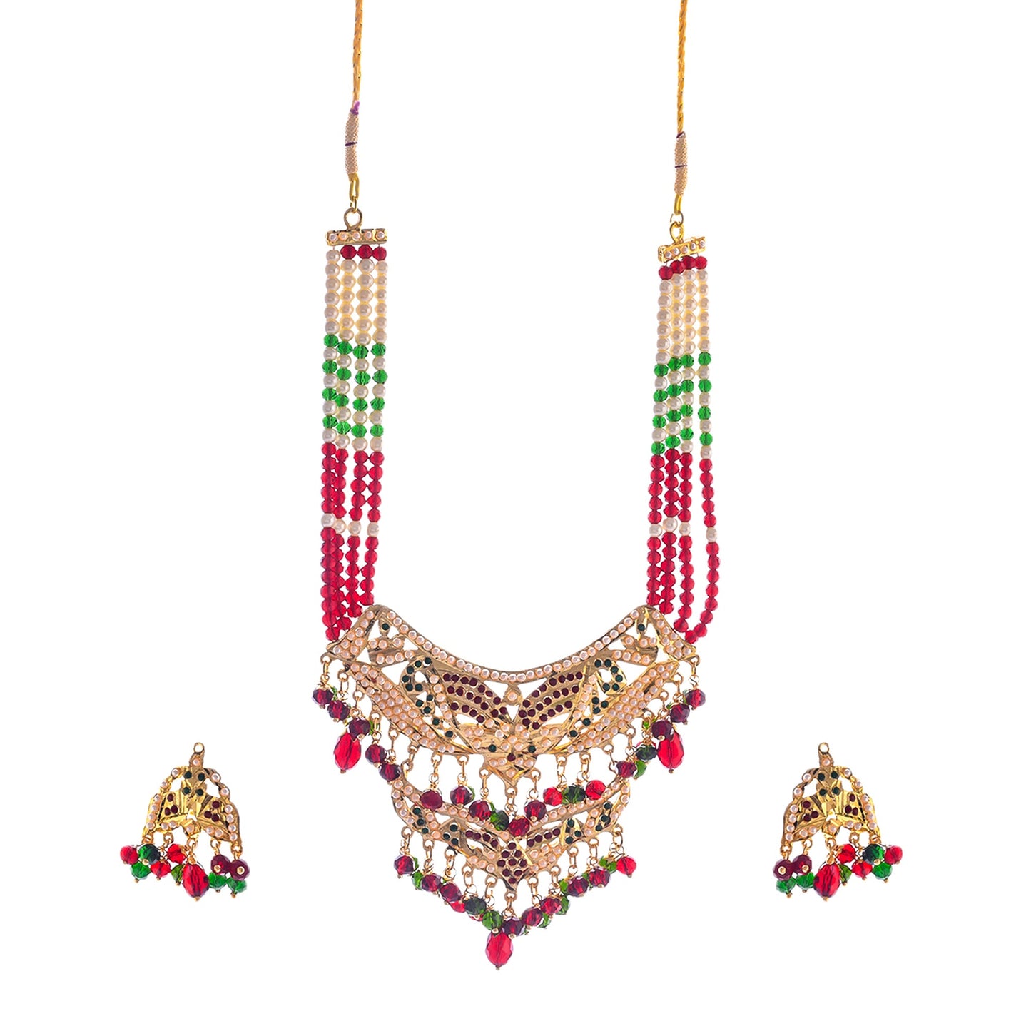 Gold-Polished Alloy Jadau Worktraditional Ethnic Beaded Necklace Set - The Pari