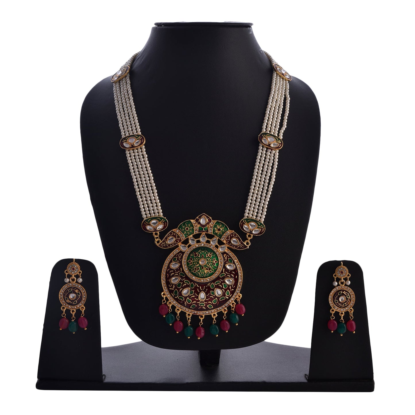 Gold-Polished Alloy Long Pearl Rani Haar Necklace With Designer Thewa Pendant Set - The Pari