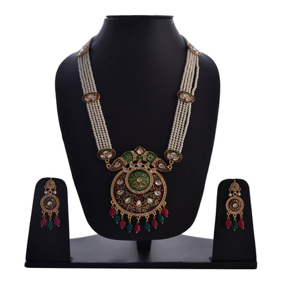 Gold-Polished Alloy Long Pearl Rani Haar Necklace With Designer Thewa Pendant Set - The Pari