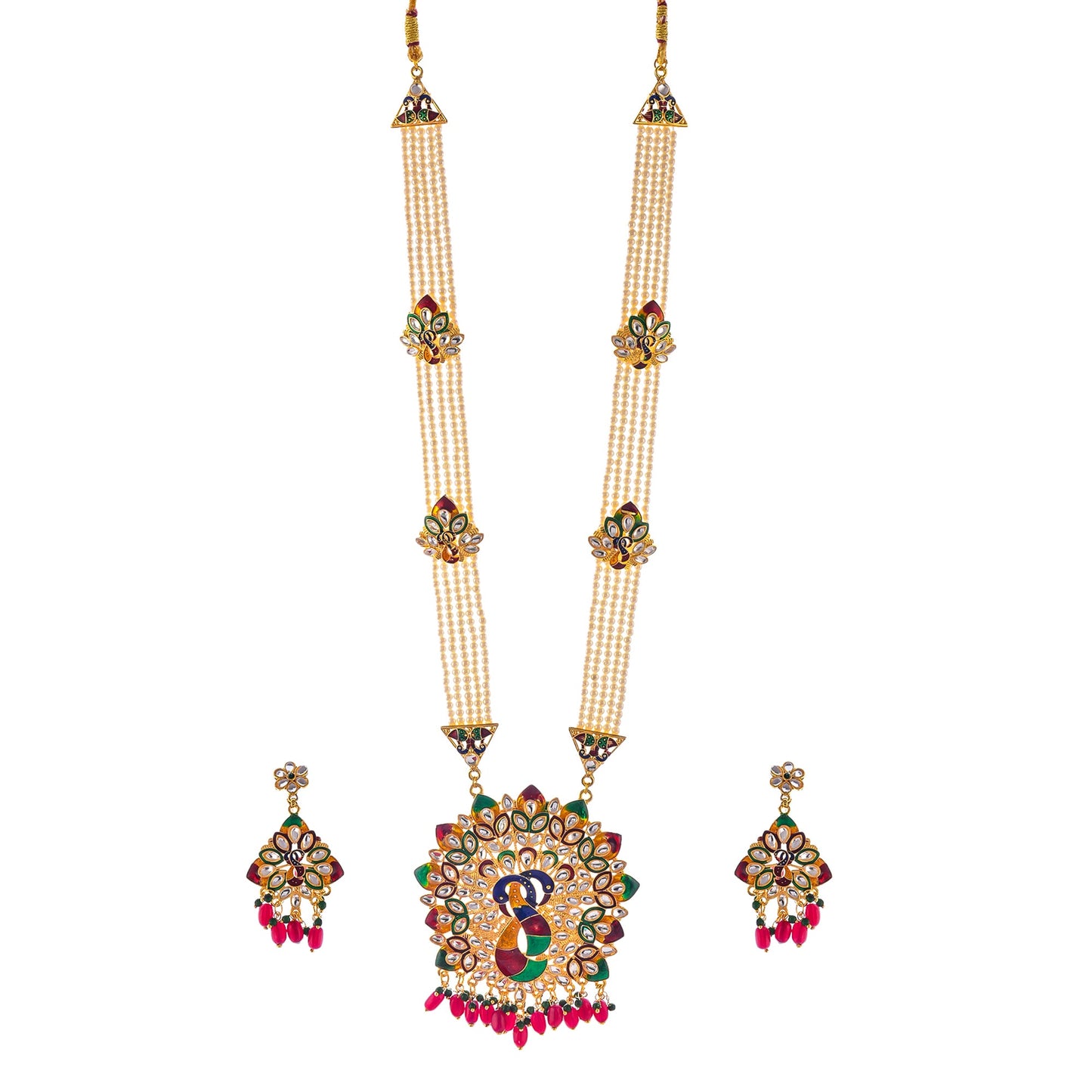 Gold-Polished Alloy Peacock Inspired Long Pearl Rani Haar Necklace With Kundan Earrings - The Pari