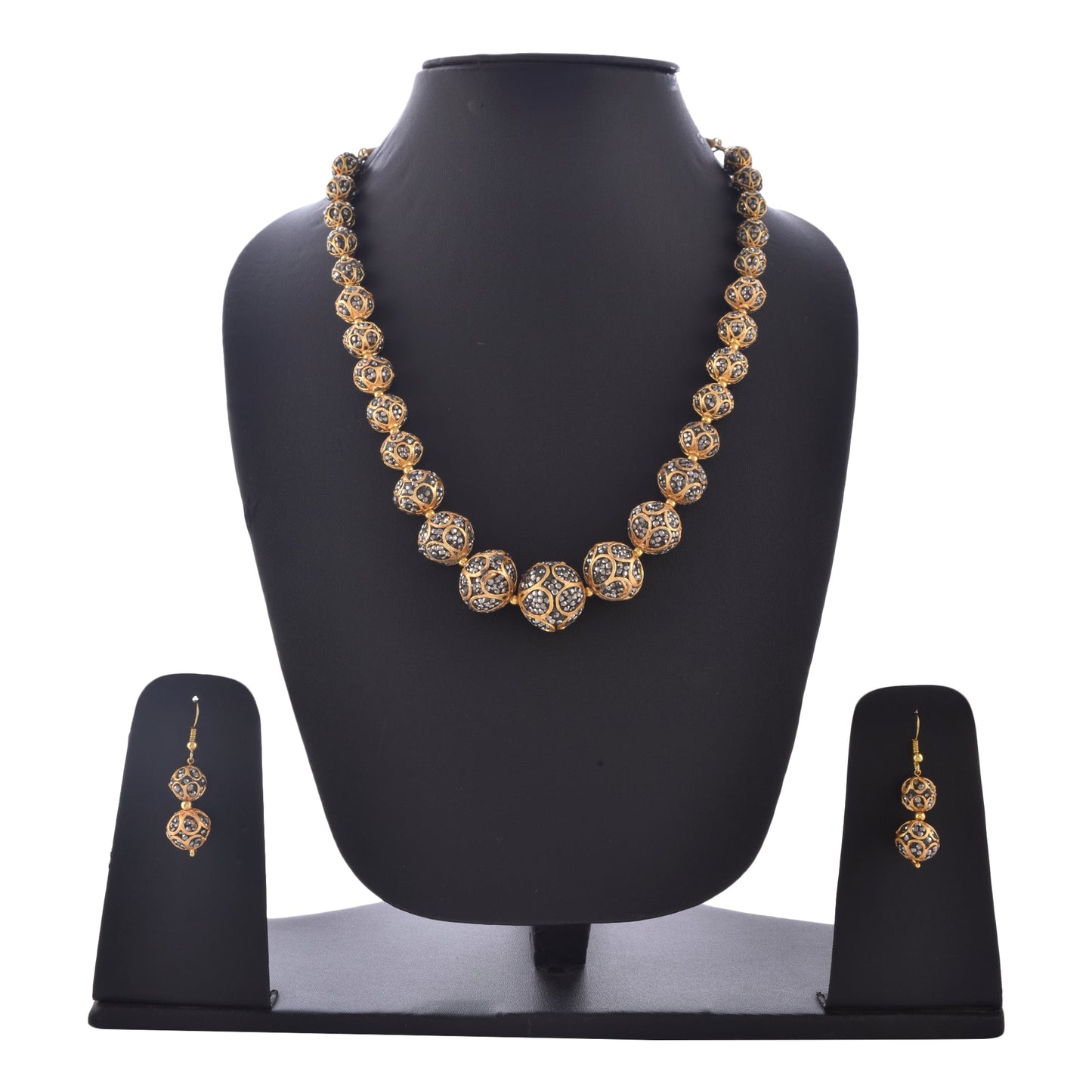 Gold-Polished Alloy Victorian Look Classy Mala Necklace With Earrings - The Pari
