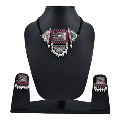 Silver-Plated Alloy Oxidised Tribal Pendant Choker Necklace - The Pari