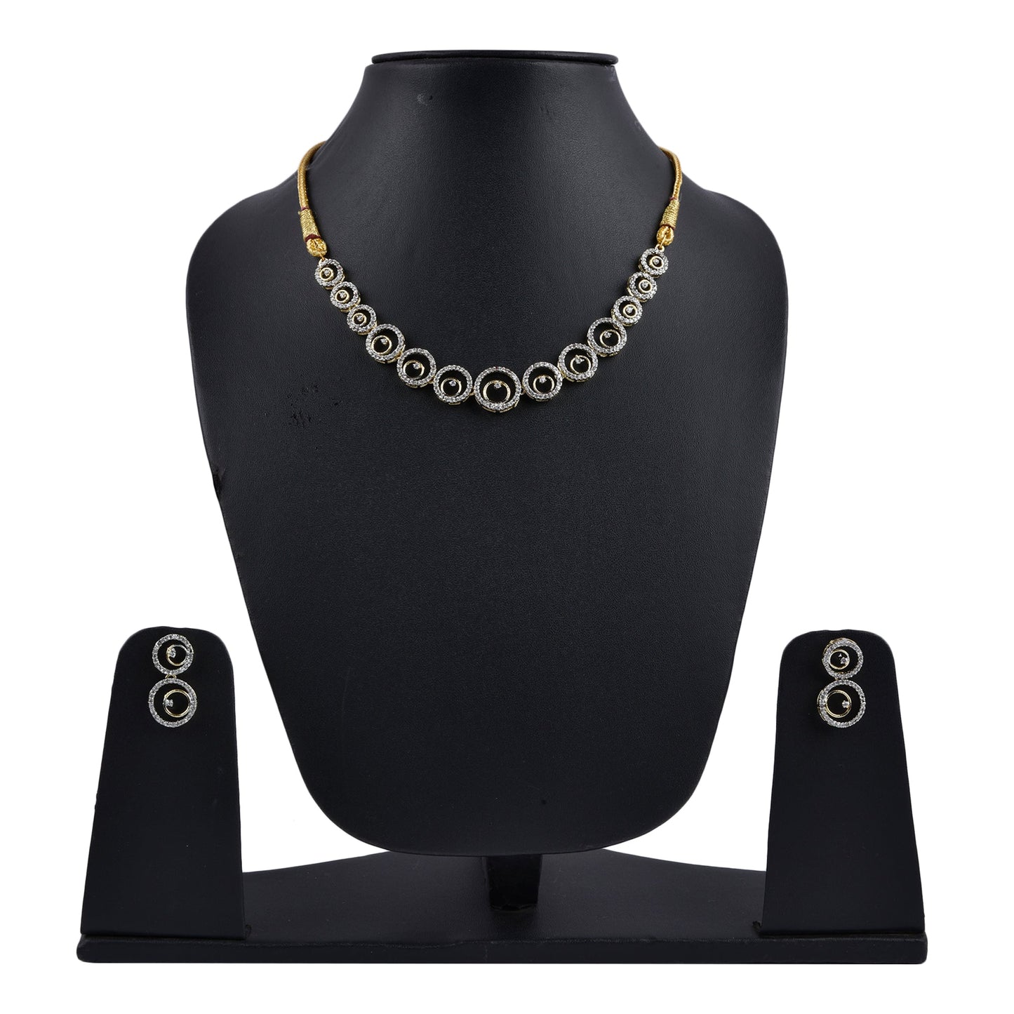 Rhodium-Plated Alloy American Diamond Circle Style Necklace With Earring Ring And Bracelet Set - The Pari