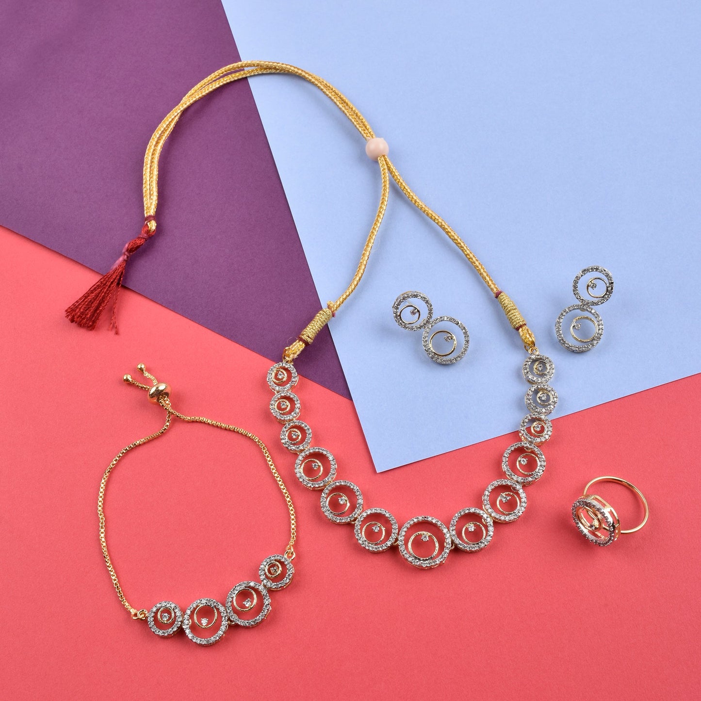 Rhodium-Plated Alloy American Diamond Circle Style Necklace With Earring Ring And Bracelet Set - The Pari