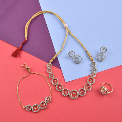 Rhodium-Plated Alloy American Diamond Circle Style Necklace With Earring Ring And Bracelet Set - The Pari