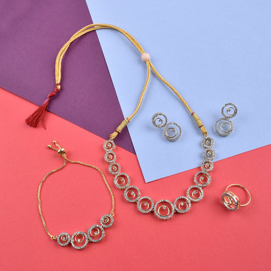 Rhodium-Plated Alloy American Diamond Circle Style Necklace With Earring Ring And Bracelet Set - The Pari