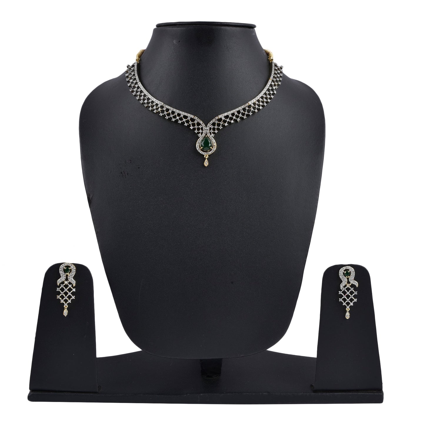 Rhodium-Plated Alloy Green Classy Ad Necklace Set - The Pari