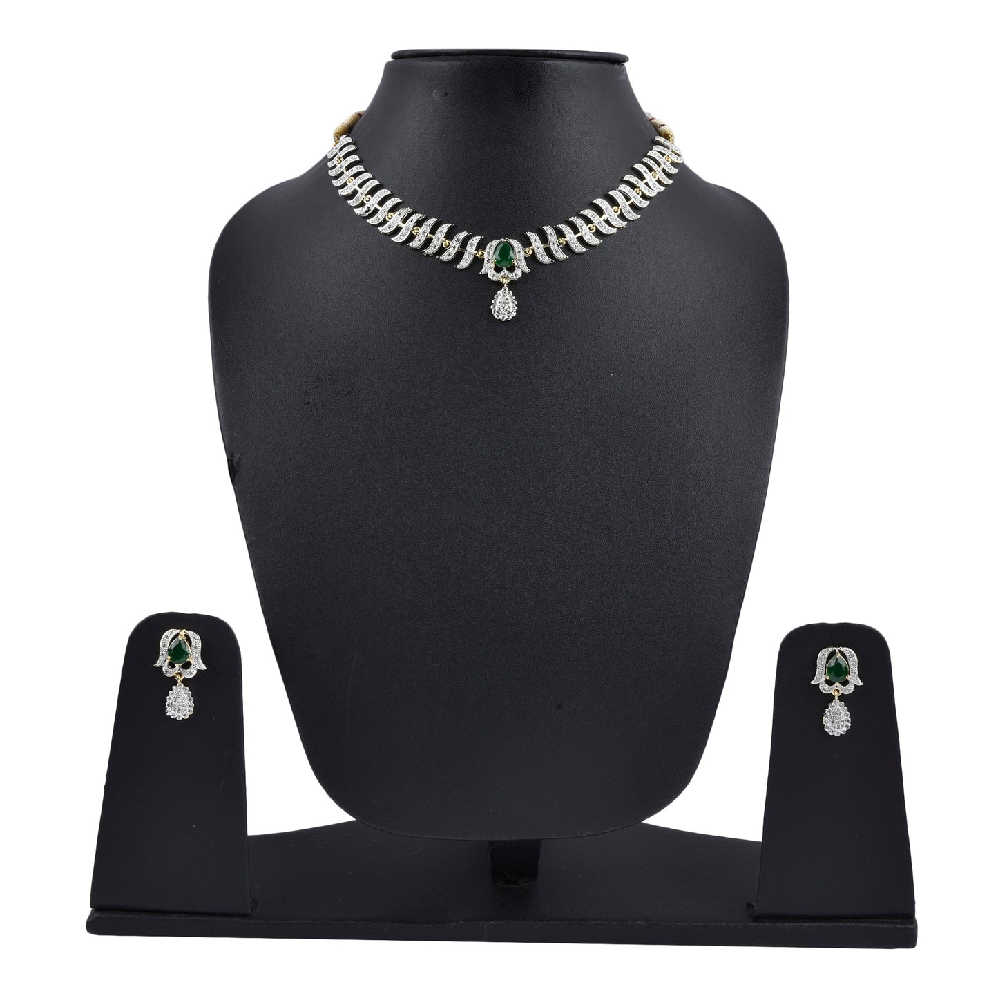Rhodium-Plated Alloy Nagin Inspired Green Stone Ad Necklace Set - The Pari