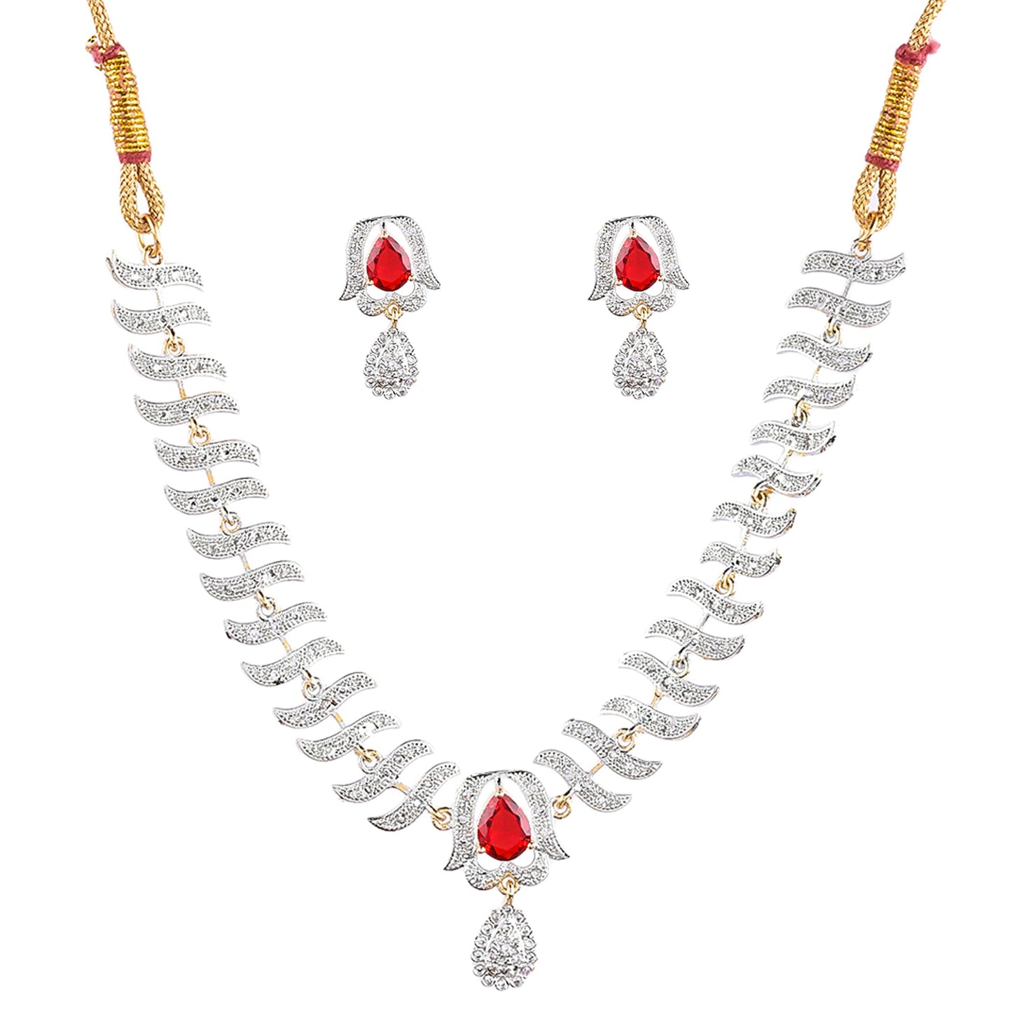 Rhodium-Plated Alloy Nagin Inspired Ruby Stone Ad Necklace Set - The Pari