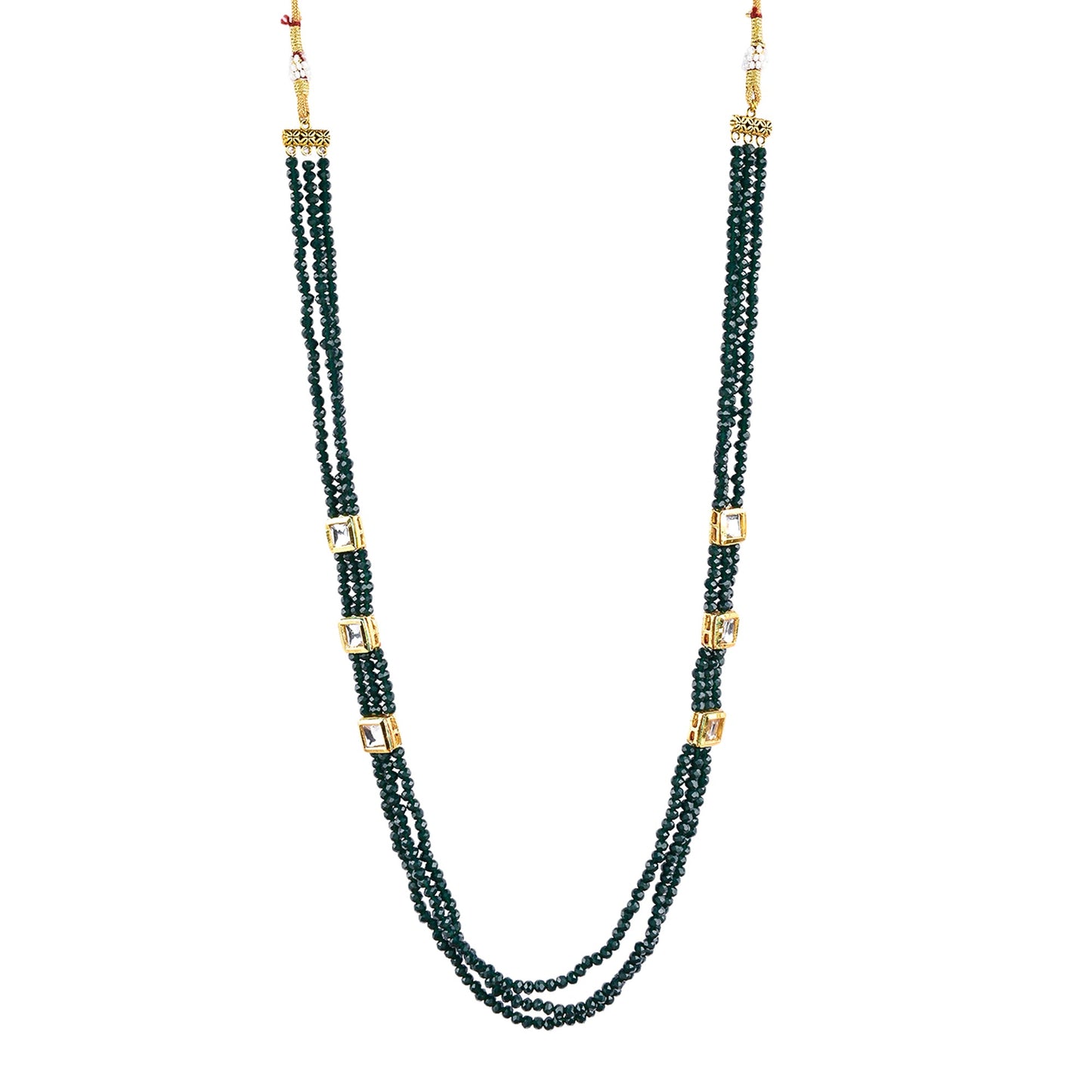 Gold-Polished Alloy Long Green Beaded Kundan Studded Classy Necklace Set - The Pari