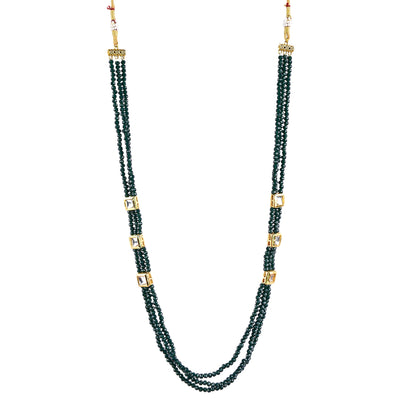 Gold-Polished Alloy Long Green Beaded Kundan Studded Classy Necklace Set - The Pari