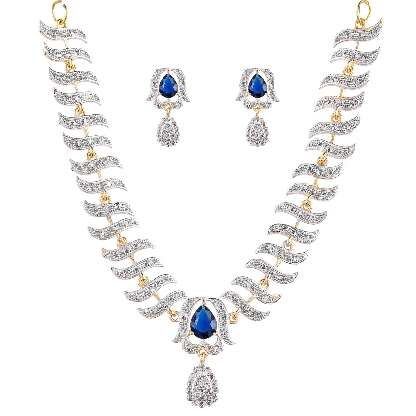 Rhodium-Plated Alloy Nagin Inspired Blue Stone Ad Necklace Set - The Pari