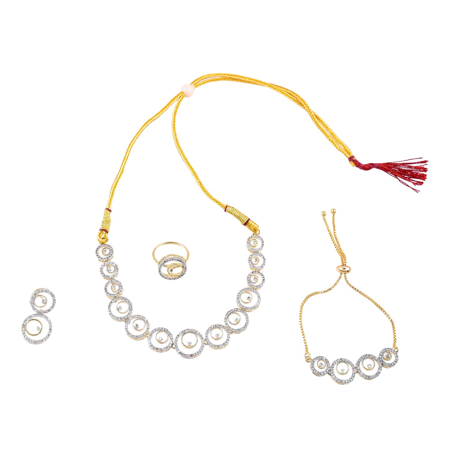 Rhodium-Plated Alloy American Diamond Circle Style Necklace With Earring Ring And Bracelet Set - The Pari