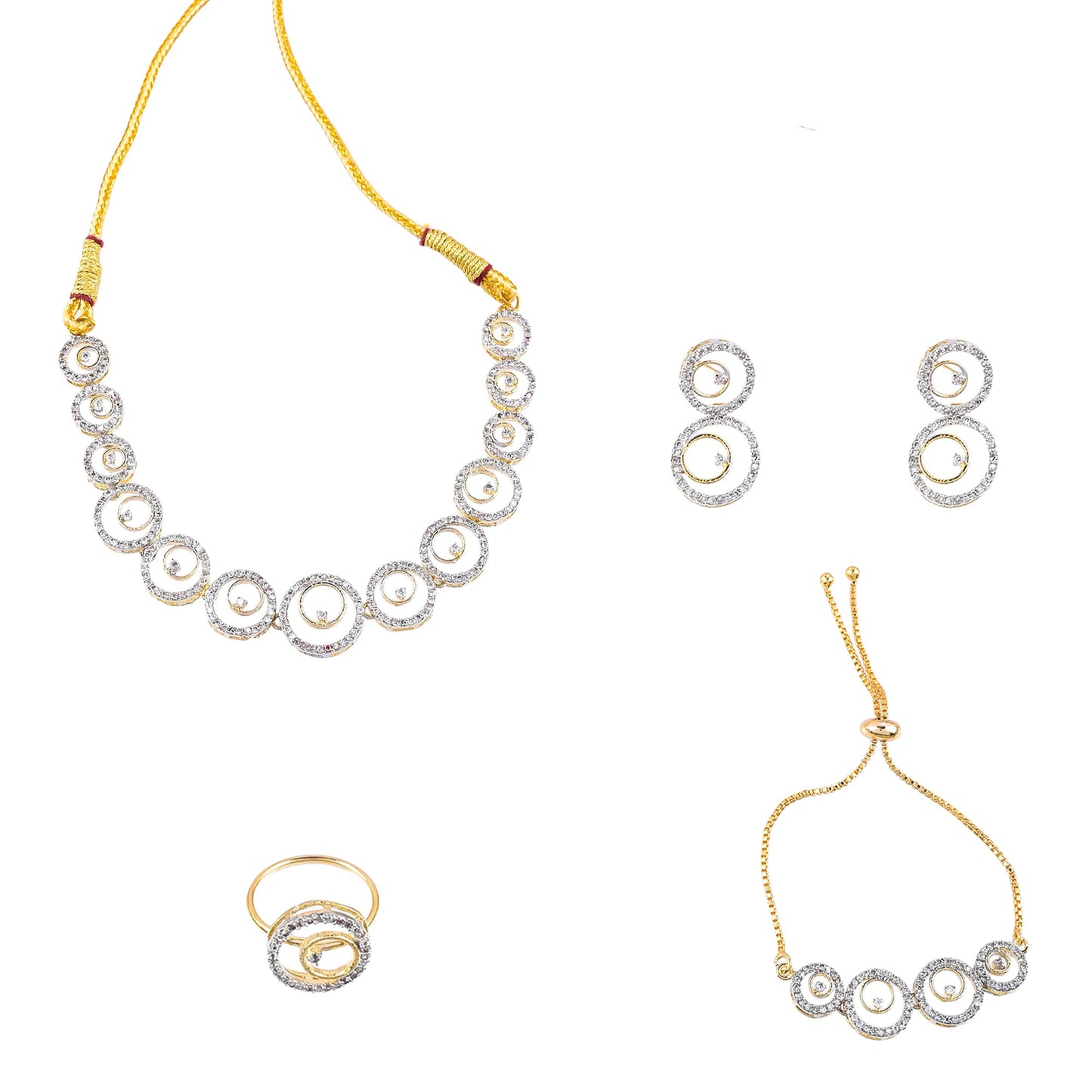 Rhodium-Plated Alloy American Diamond Circle Style Necklace With Earring Ring And Bracelet Set - The Pari
