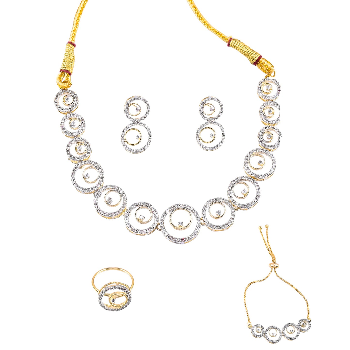 Rhodium-Plated Alloy American Diamond Circle Style Necklace With Earring Ring And Bracelet Set - The Pari