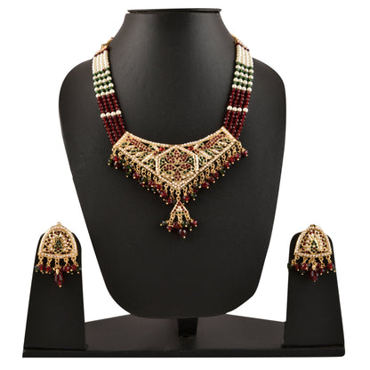 Gold-Polished Alloy Traditional Ethnic Beaded Jadau Necklace Set - The Pari
