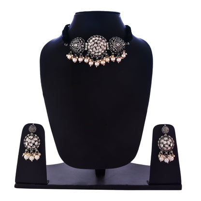 Silver-Plated Alloy Rhinestones Studded Tribal Oxidised Choker Necklace - The Pari