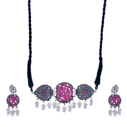 Silver-Plated Alloy Designer Oxidised Choker Necklace - The Pari