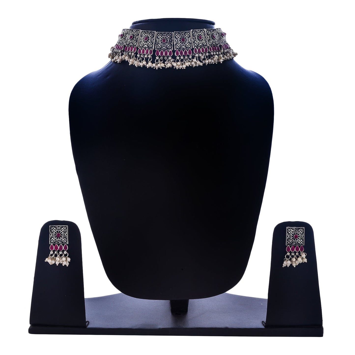 Rhodium-Plated Alloy Classy Ruby Stone Oxidised Choker Necklace - The Pari