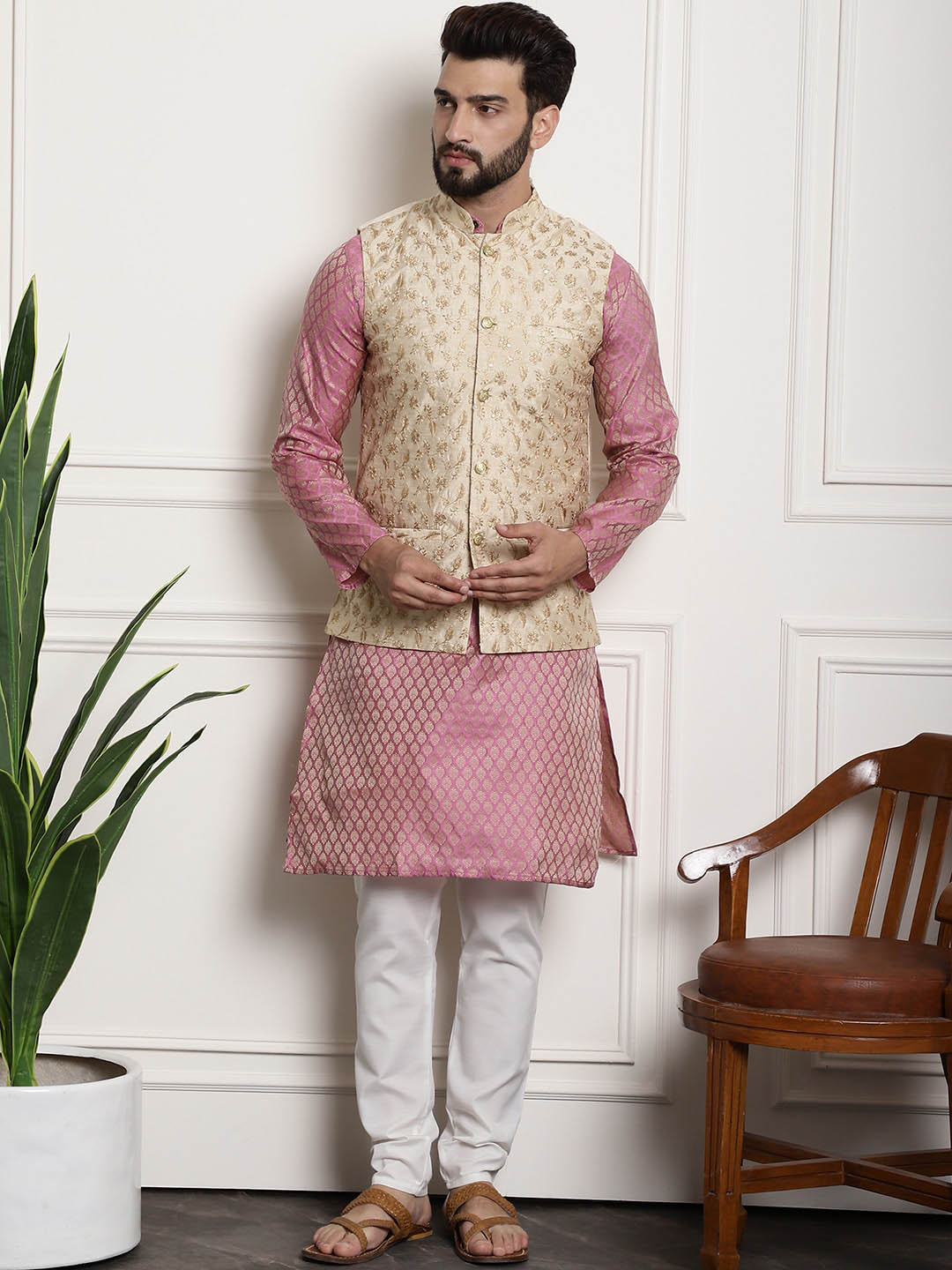 Sojanya Woven Design Mandarin Collar Kurta with Churidar & Nehru Jacket