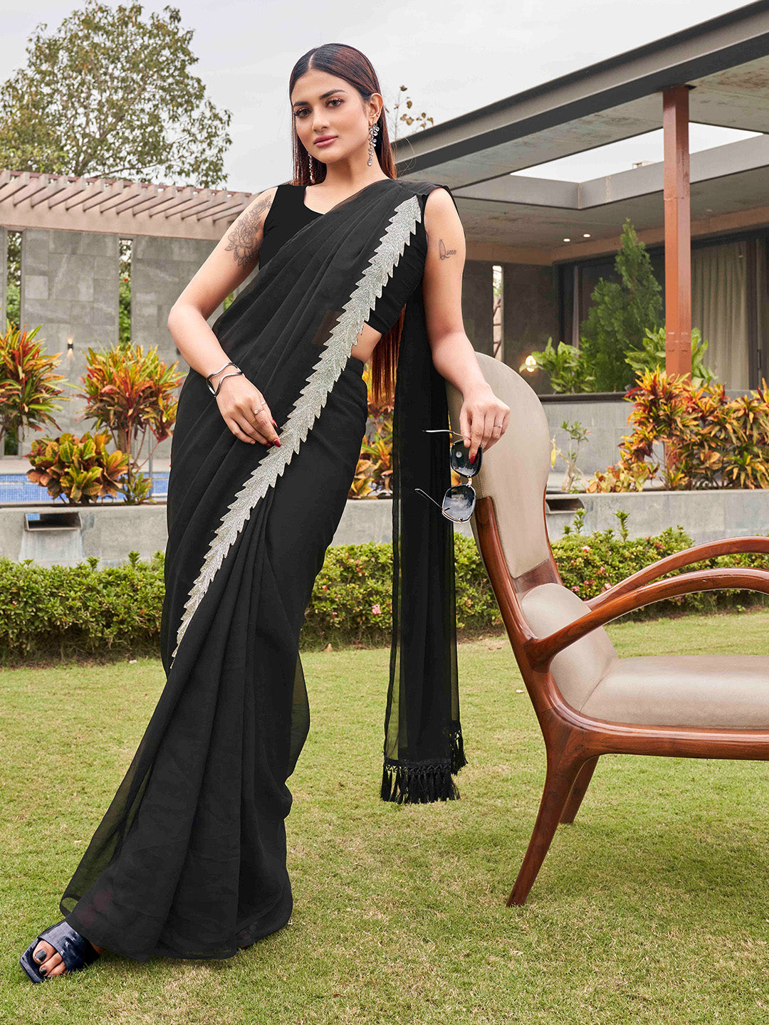 Tikhi Imli Black Beads and Stones Saree
