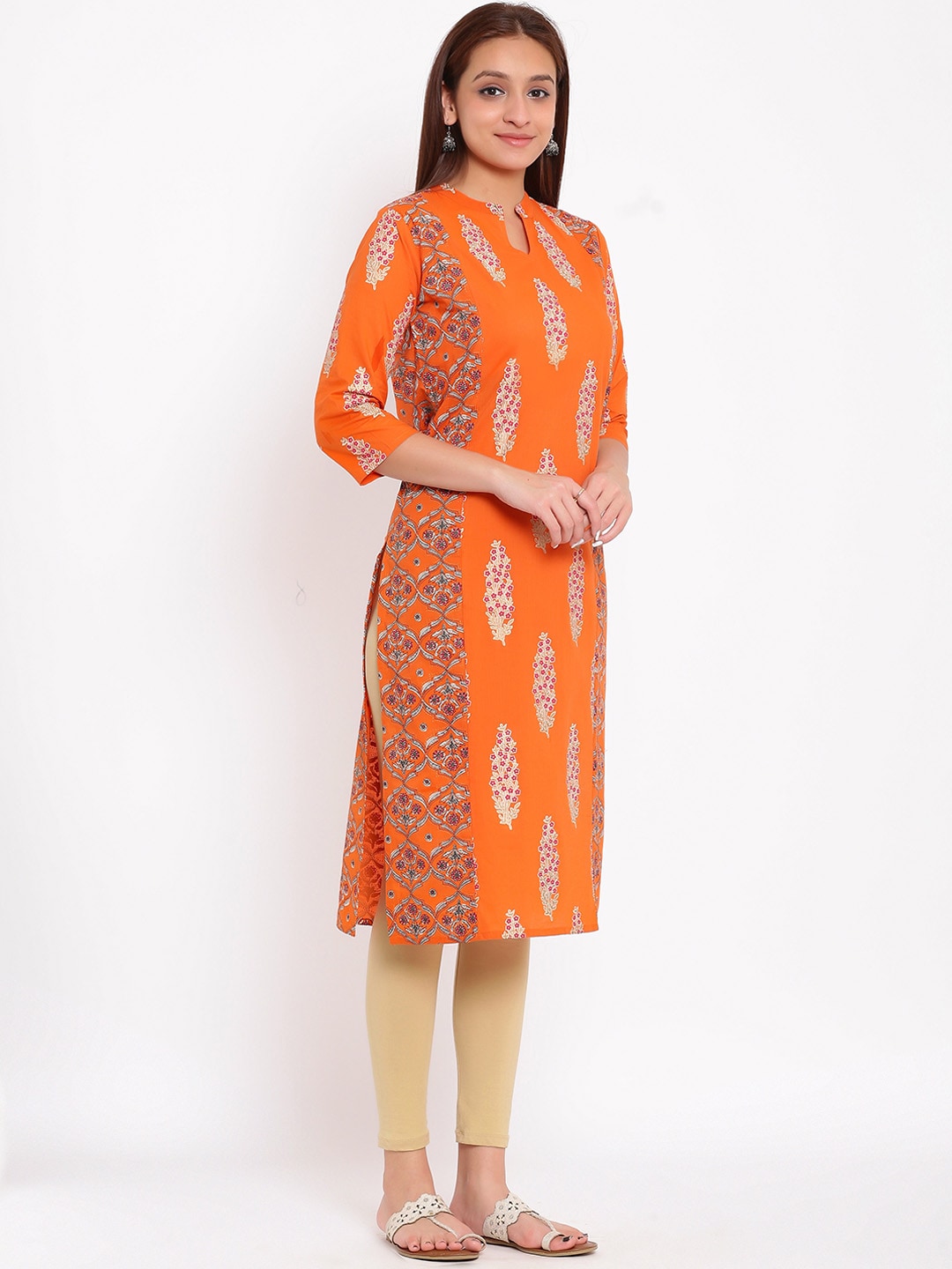HERE&NOW Orange & White Ethnic Motifs Printed Straight Kurta