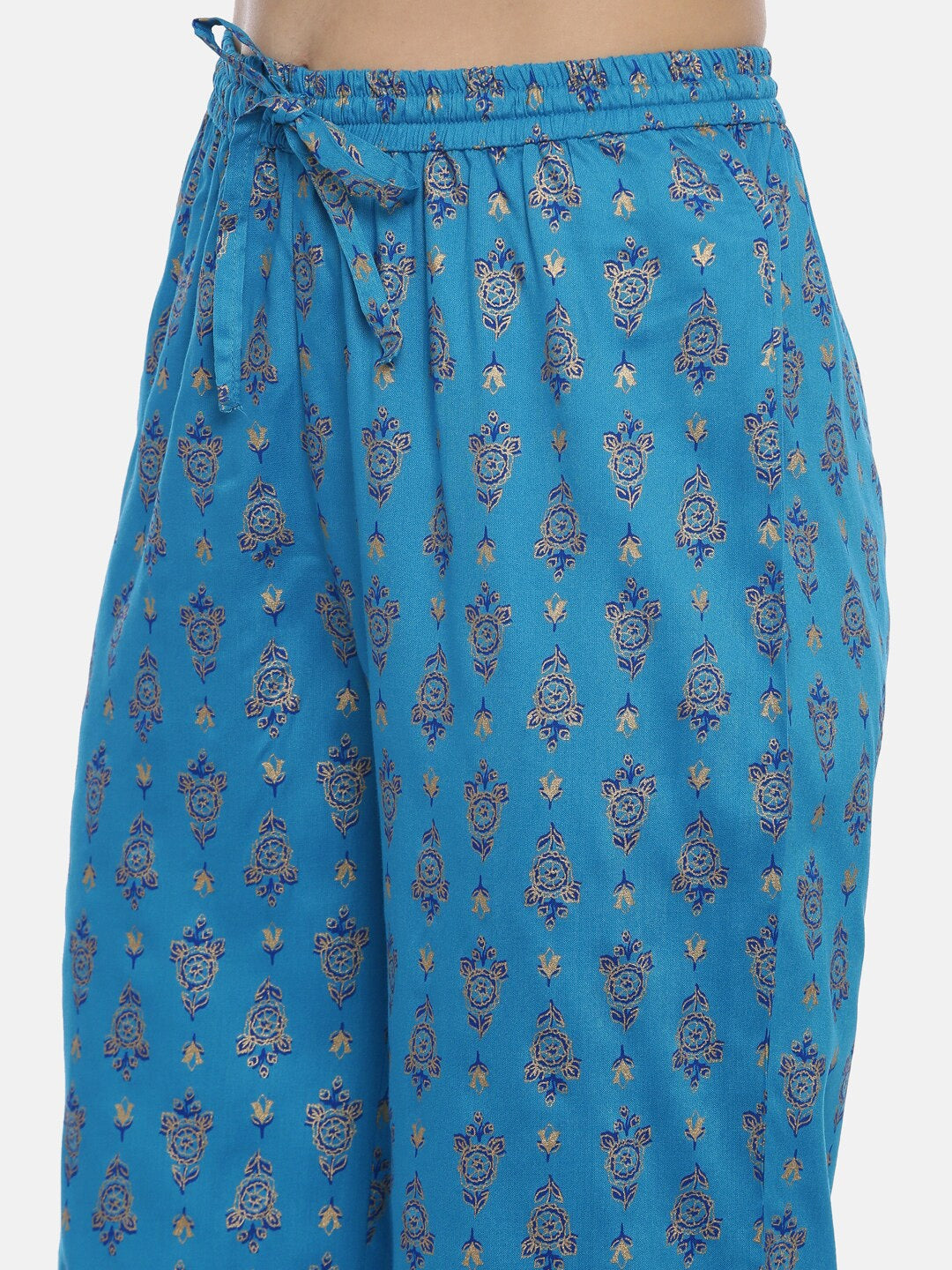 Souchii Turquoise Blue & Gold-Toned Floral Print Kurta with Palazzos