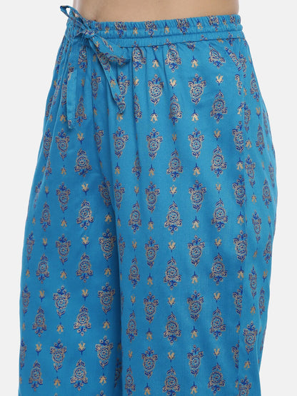 Souchii Turquoise Blue & Gold-Toned Floral Print Kurta with Palazzos
