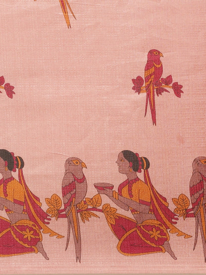Saree Mall Peach-Coloured & Maroon Warli Print Bhagalpuri Saree
