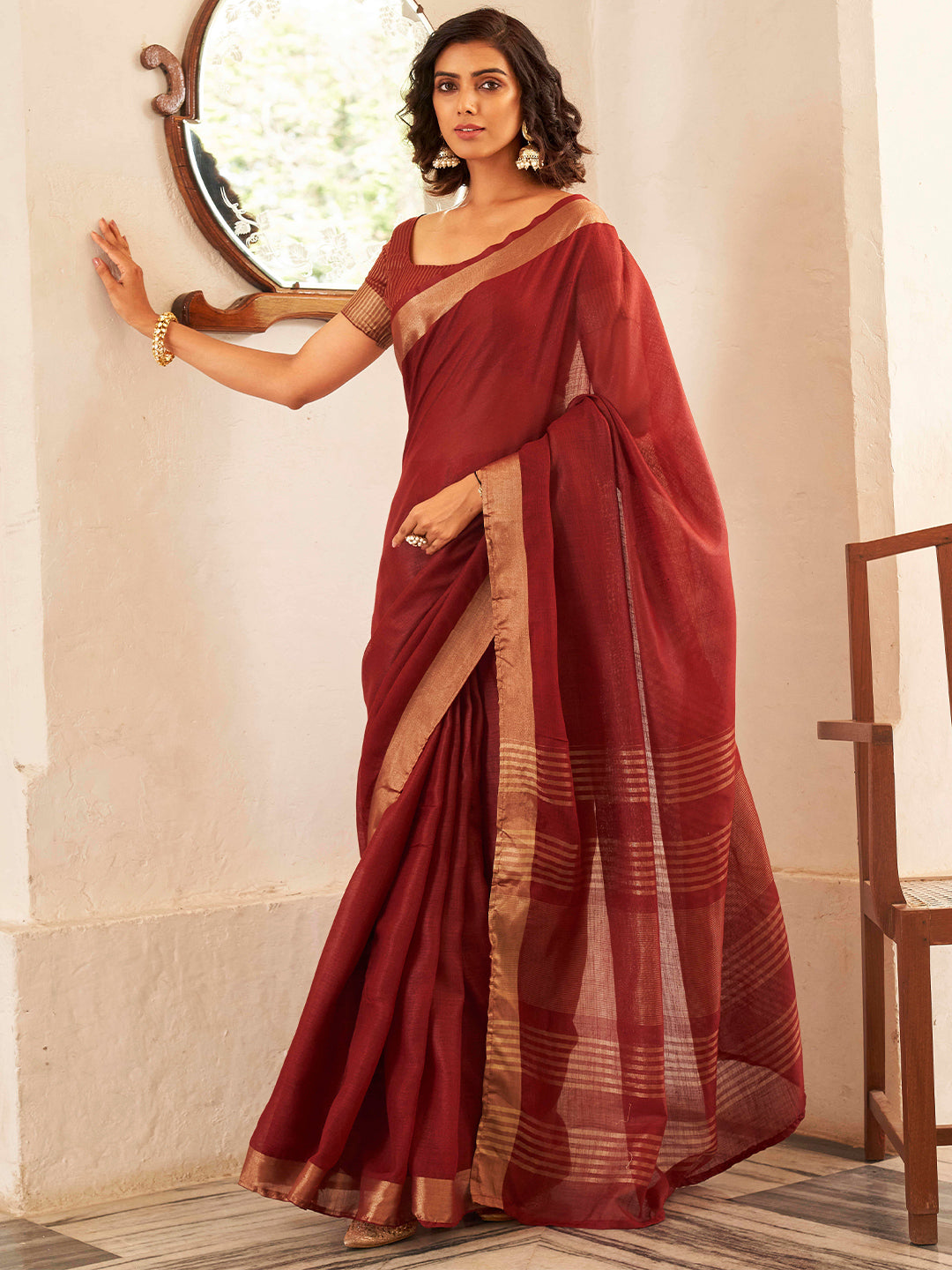Tikhi Imli Maroon & Gold Toned Zari Woven Design Saree