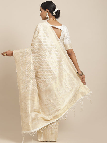 Saree Mall Cream-Coloured Zari Silk Blend Kanjeevaram Sarees