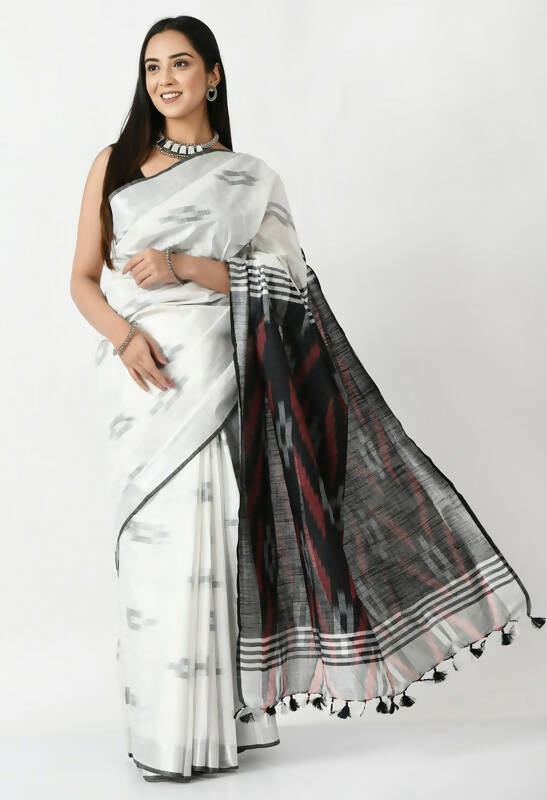Mominos Fashion Moeza White & Black Bhagalpuri Handloom Ikat Pure Cotton Saree with unstitched Blouse piece