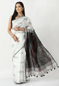 Mominos Fashion Moeza White & Black Bhagalpuri Handloom Ikat Pure Cotton Saree with unstitched Blouse piece