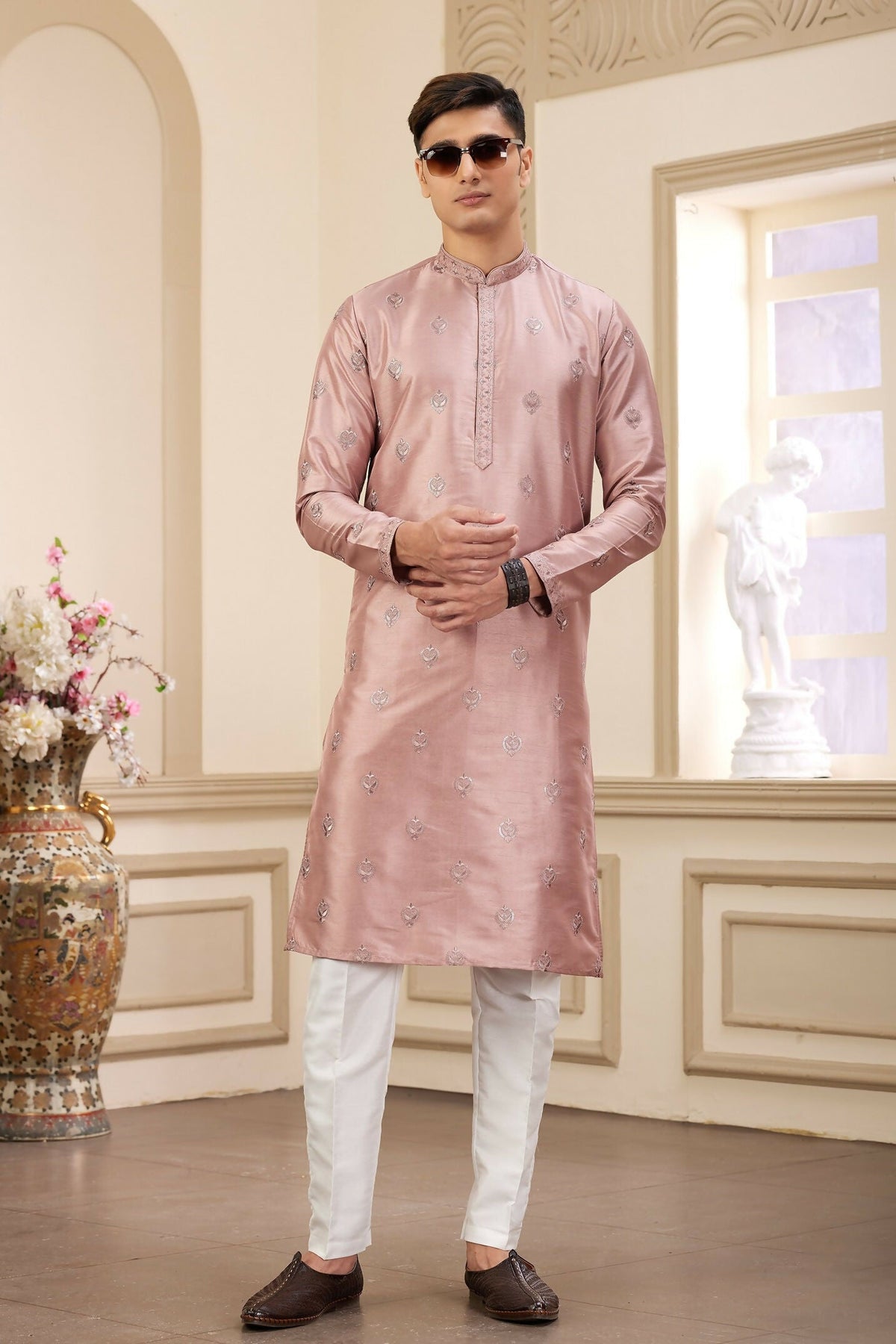 Raivat Ethnic Men's Art Silk Thread Work Kurta Pyjama In Cream Beige Colour
