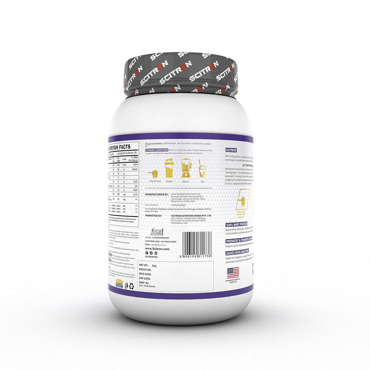 Scitron Whey Hydrolyzed Synbiotic 100% Hydrolyzed Protein Powder Chocolate Flavor