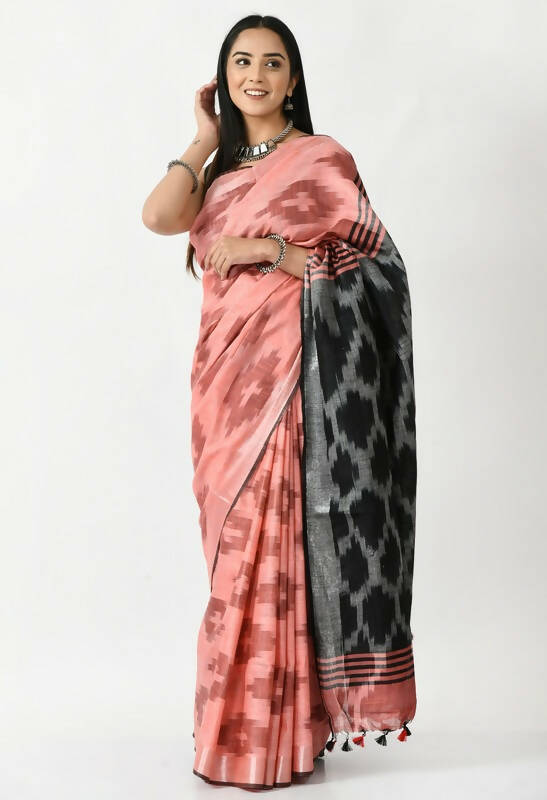 Mominos Fashion Moeza Gajari & Black Bhagalpuri Handloom Ikat Pure Cotton Saree with unstitched Blouse piece
