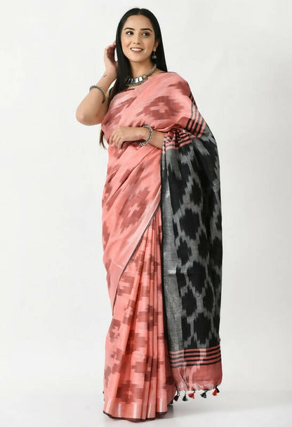 Mominos Fashion Moeza Gajari & Black Bhagalpuri Handloom Ikat Pure Cotton Saree with unstitched Blouse piece