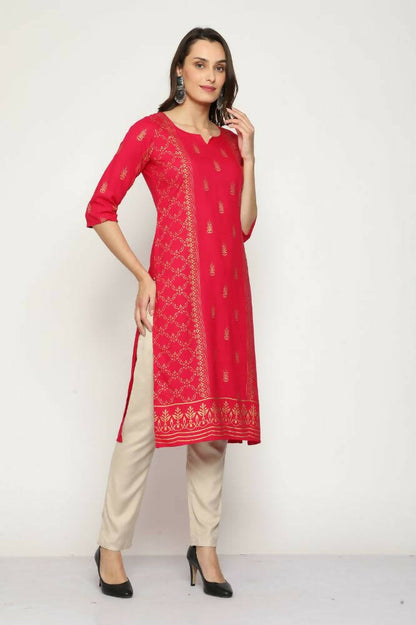 Maai Rayon Hand Printed Kurta Red