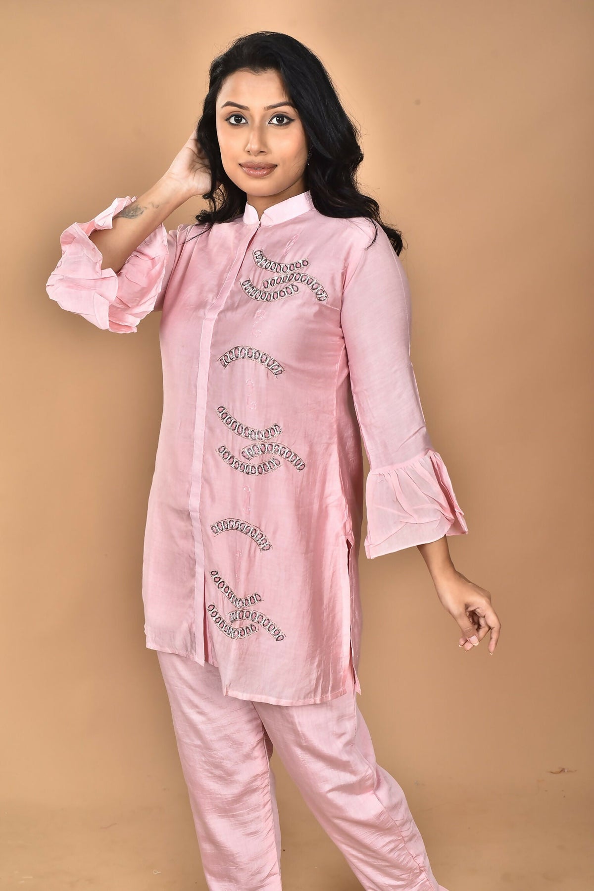 Morchari Women Hand Embroidery Co-Ords-Pink