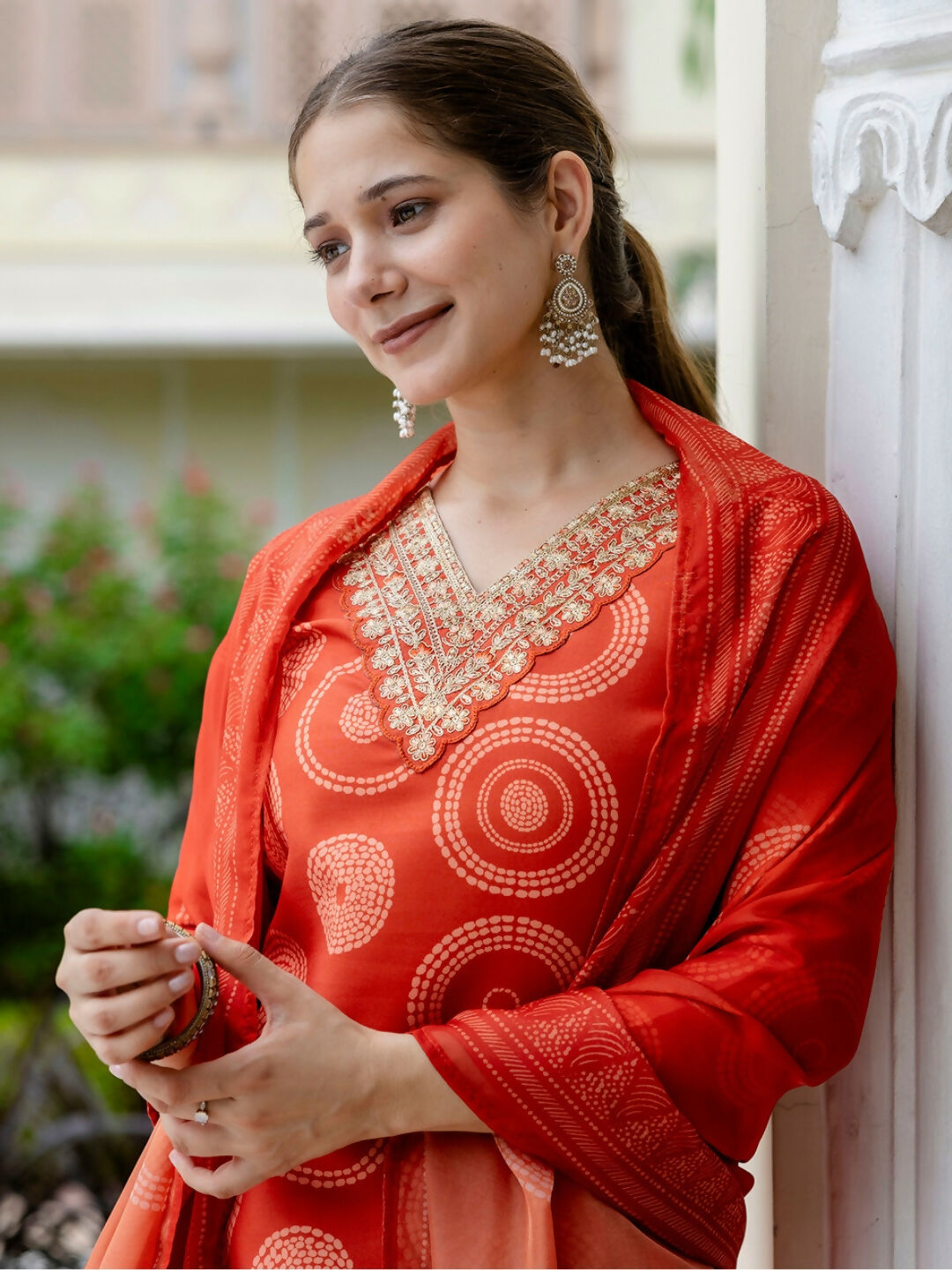 The52 Orange Women's Gorgeous Rayon Embroidered Straight Kurta with Pant And Dupatta Set