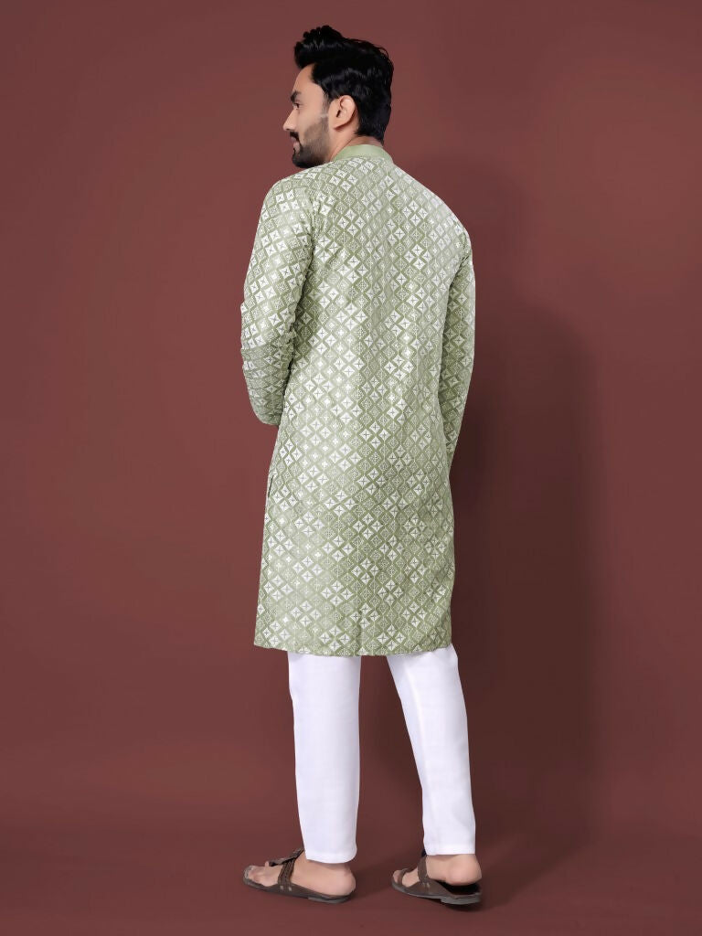 Light Green Mens Kurta with Pyjamas for Function by Infinity Export