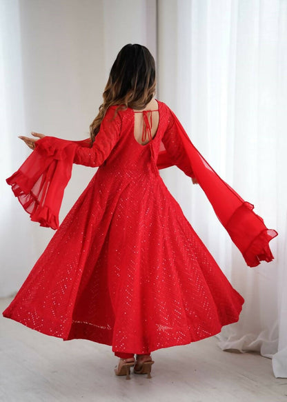 Teeya Creation Red Color Heavy Embroidery Work Georgette Fabric Wedding Wear Gown