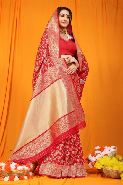 Jyoti Fashion Women's Maroon Kanjivaram Silk Zari Woven Saree with Blouse