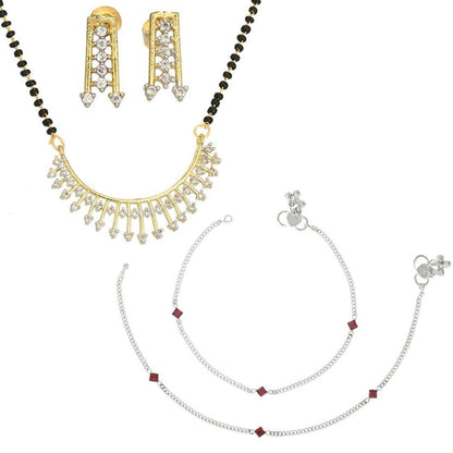 AanyaCentric Gold-Polished Mangalsutra Pendant Earring Set & Silver Plated Anklet