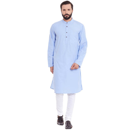 Even Apparels Blue Color Pure Cotton Men's Kurta With Band Collar