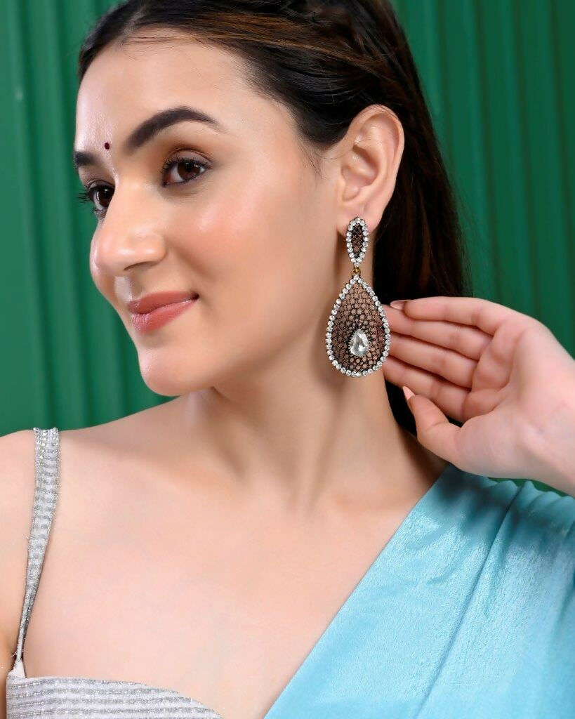 VOJ Set Of 2 Earrings- Blue Printed Jhumka With Black AD Studded Drop Earrings